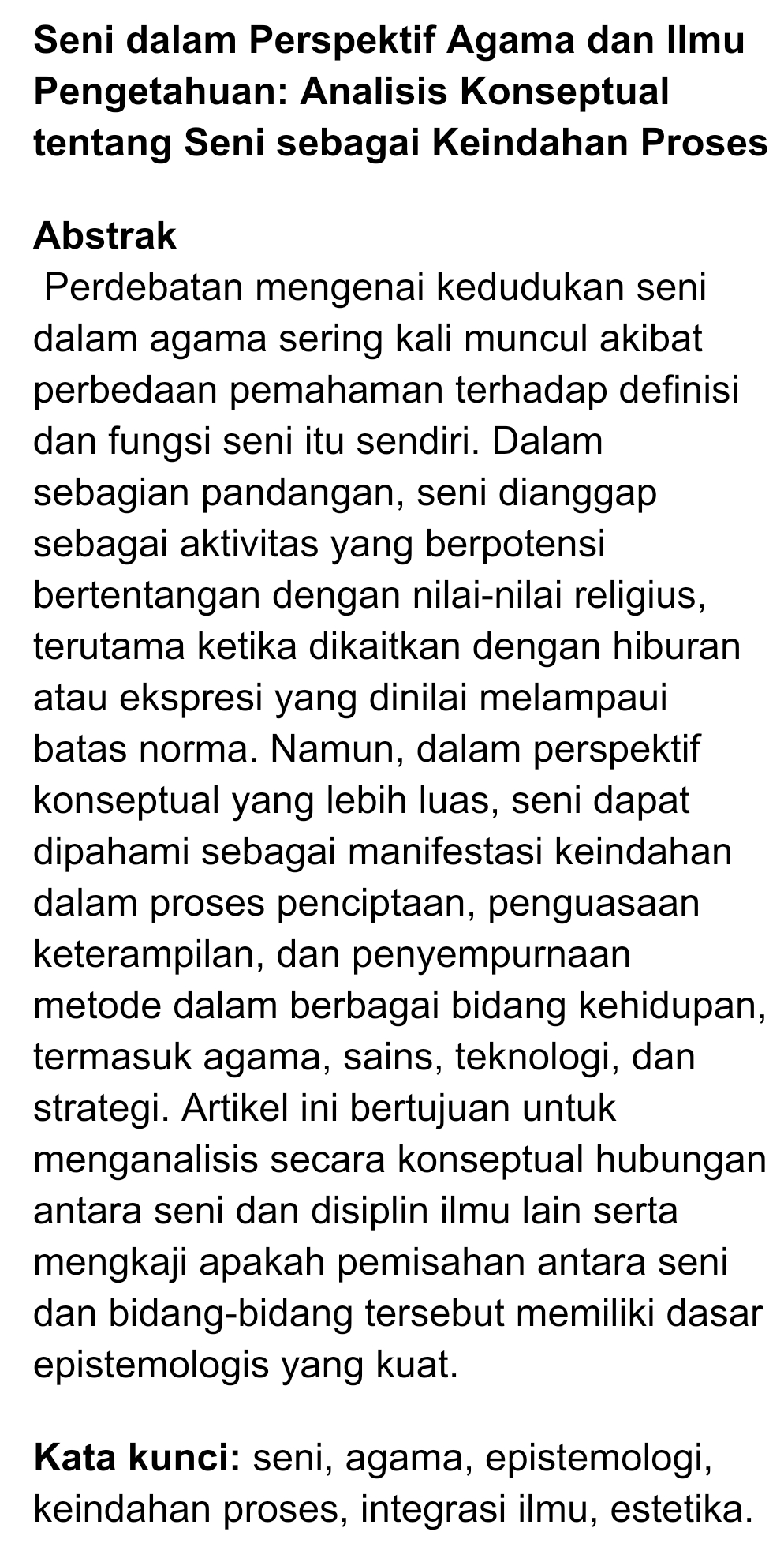 Seni dalam Perspektif Agama dan Ilmu Pengetahuan: Analisis Konseptual tentang Seni sebagai Keindahan Proses